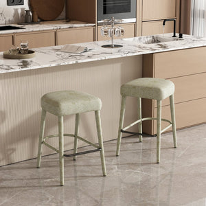 English Elm Backless Blue Fabric Upholstered Counter Stools Set of Two with Padded Seat Footrest Green W5096P400663