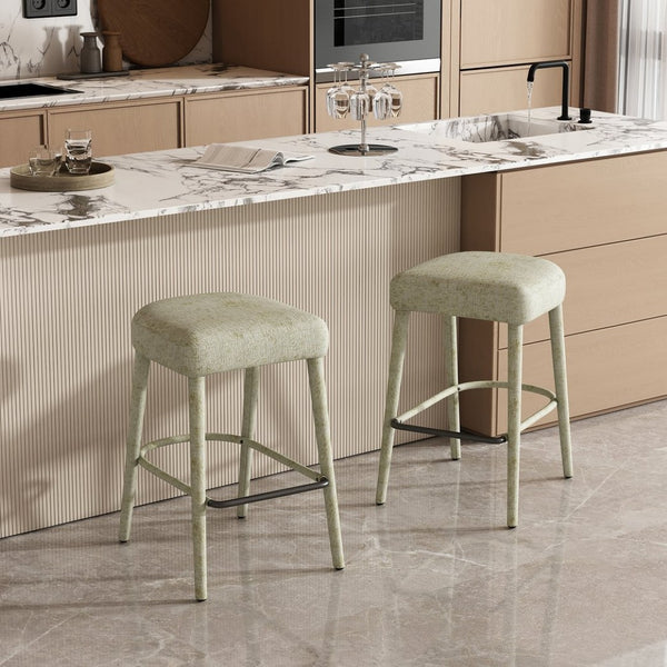 English Elm Backless Blue Fabric Upholstered Counter Stools Set of Two with Padded Seat Footrest Green W5096P400663