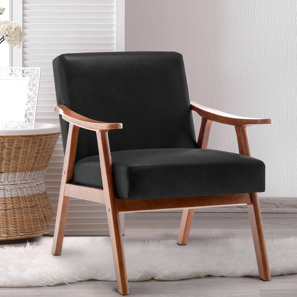 English Elm Mid-Century curved armchair with solid wood frame, extra-thick backrest, comfy lounge seat for home decor Black PU W2200P186174