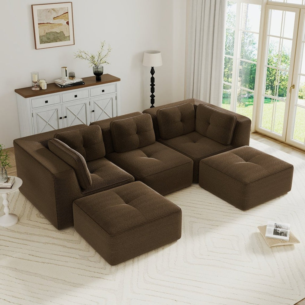 English Elm Modern Corduroy Sectional Sofa with Tufted Cushions Dual Ottomans and Deep Seating Brown W714S01809