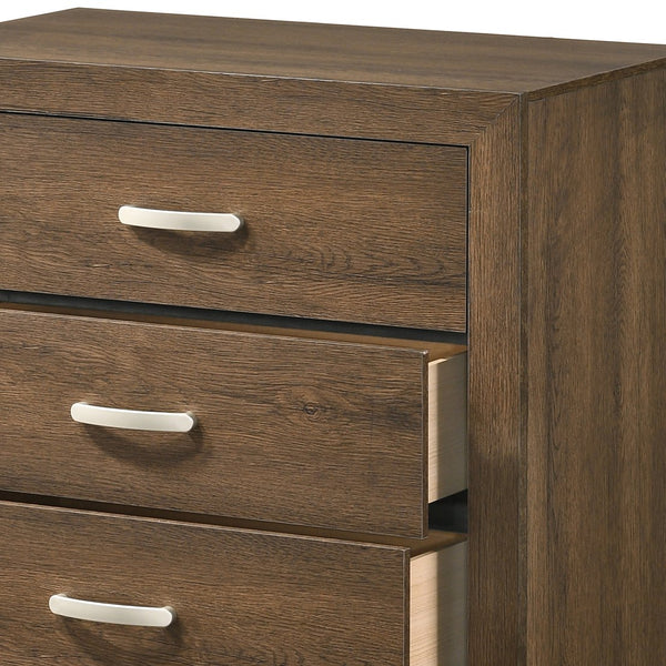 English Elm Oak 5-Drawer Chest with Rich Oak Finish, Spacious Storage, Smooth Pull Handles, Elegant Wood Grain B062P209042