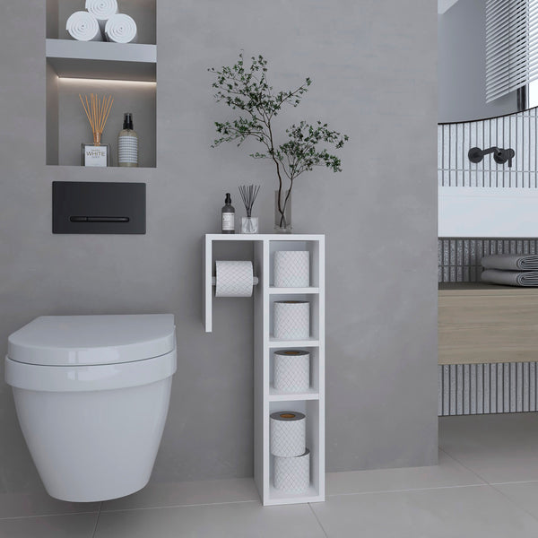English Elm Lodi Slim Freestanding Toilet Paper Cabinet in Kronos White — Vertical Space-Saving Storage, Concealed Compartment B200P368107