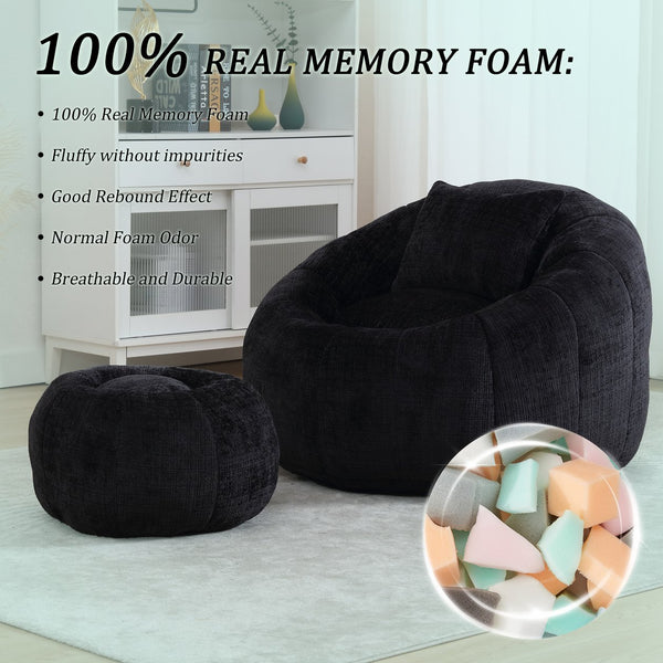 English Elm UNITED Cloud-Luxe Chenille Memory Foam Bean Bag Chair with Ottoman and Pillow for Ultimate Comfort Black W1568P361690