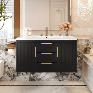 English Elm 36'' Wall Mounted Bathroom Vanity with Sink, Floating MDF Cabinet, 2 Drawers, Rust-Resistant Handles Black N710P253035B