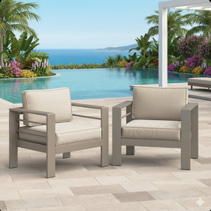 English Elm Set of 2 Outdoor Iron Armchairs with Olefin Cushions for Patio Resort Lounging Light Khaki+Beige B082P455105