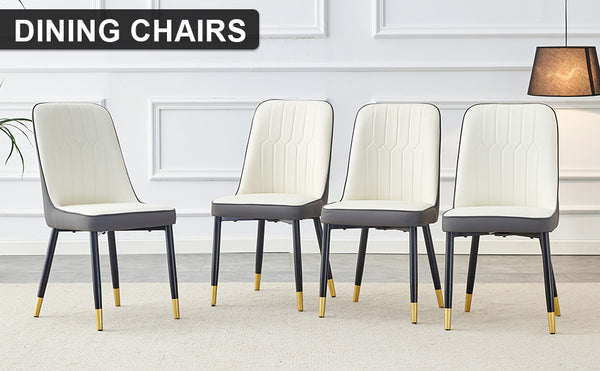 English Elm A modern dining chair set of 4 with white‑gray PU dual-tone upholstery, padded seat and black metal legs. W1512P372782