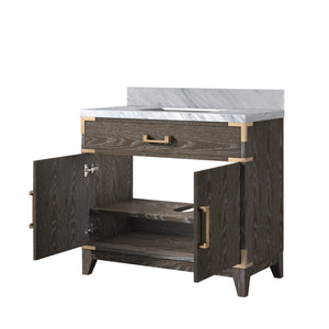 English Elm Brown Oak Single Bath Vanity With Carrara Marble Top, Elegant Design, Soft-Close Doors & Storage Solutions B2731P259775
