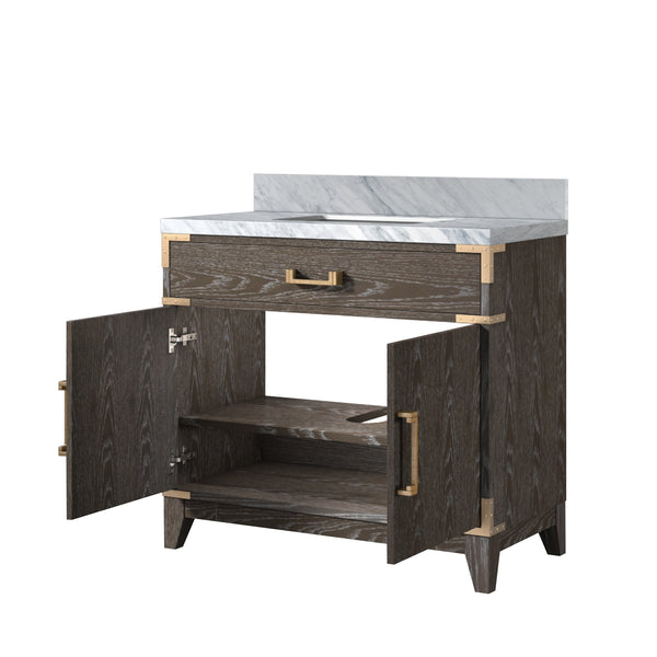 English Elm Brown Oak Single Bath Vanity With Carrara Marble Top, Elegant Design, Soft-Close Doors & Storage Solutions B2731P259775