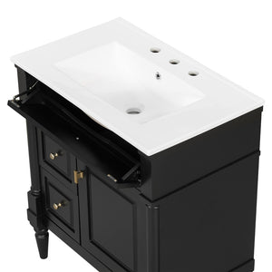 English Elm 30" Freestanding Bathroom Vanity Rubberwood Frame Ceramic Sink Flip Drawer Storage Black N725P356062B