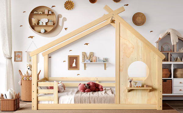 English Elm Full House Floor Bed with Roof Window and Shelf – Solid Pine Kids Loft-Style Low Bed, Durable Design Natural W1580P362703