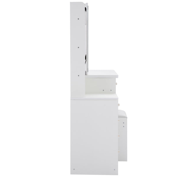 English Elm 37" Vanity Table Set with Led Mirror Stool Built-in Outlets and Hair Dryer Storage White W3258P448846