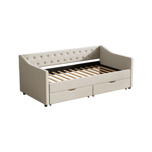 English Elm Twin Size Daybed With Storage Drawers - Elegant Beige Upholstered Sofa Bed With Tufted Design W2336S00031-GIGA