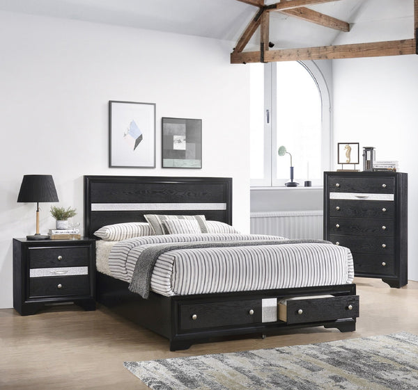 English Elm Modern Glam 2-Drawer Nightstand with Pullout Jewelry Tray Silver Panel Dustproof Bottom Solid Wood Rustic Chic Bedroom Accent B011P234309