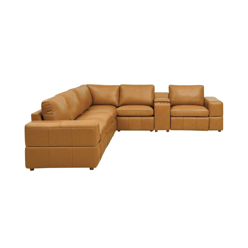 English Elm Premium Leather Match Sectional with Dual Recliners Square Arms and Console Storage Ginger B2748S00152