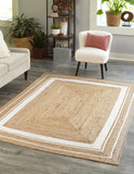 Unique Loom Braided Jute Gujarat Hand Woven Border Rug Natural and White, Ivory 6' 1" x 9' 0"