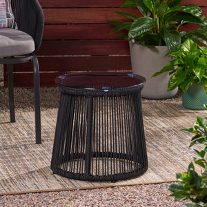English Elm Christopher Knight Home® - MOONSTONE Modern Woven Rope Side Table with Tempered Glass Top, Black Iron Frame, Handcrafted Durable Chic 67842.00BLK