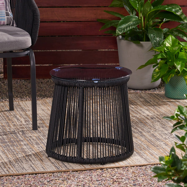 English Elm Christopher Knight Home® - MOONSTONE Modern Woven Rope Side Table with Tempered Glass Top, Black Iron Frame, Handcrafted Durable Chic 67842.00BLK