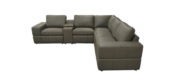English Elm Premium Leather Match Sectional with Dual Recliners Cup Holders and Storage Console Olive Green B2748S00144