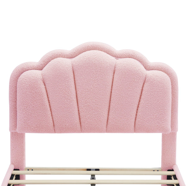 English Elm Twin Flower-Shape Upholstered Bed with LED Headboard, Pink Sherpa Platform Twin Bed for Kids Room Cozy Chic N733P177307H