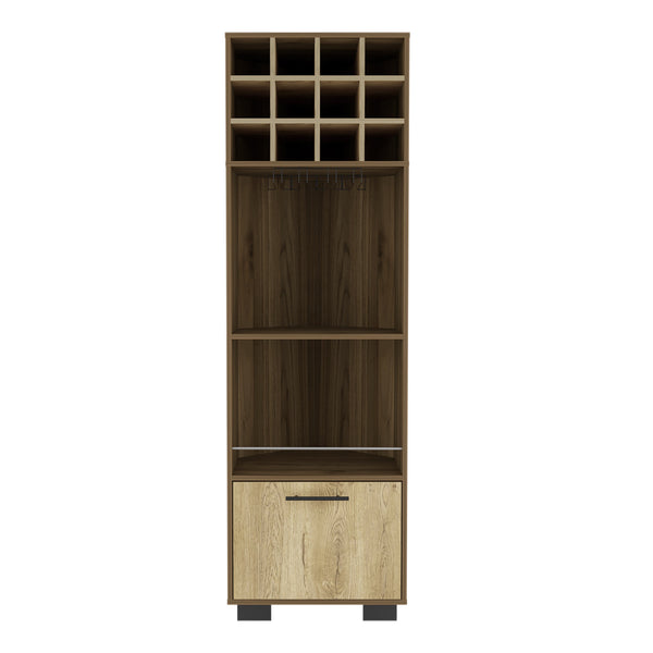 English Elm Marsella Corner Bar Cabinet with 12-Bottle Wine Rack, Cup Holder & Drawer in Light Oak Finish B200S00408