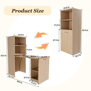 English Elm Stretchable expandable office desk with magnetic fold, lockable casters, adjustable shelves for storage and space-saving Natural Wood W509P355681