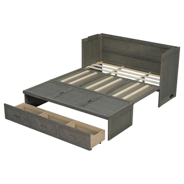 English Elm Queen Murphy Cabinet Bed Pine Wood Geometric Panel Antique Grey with Usb Charging W504S00302