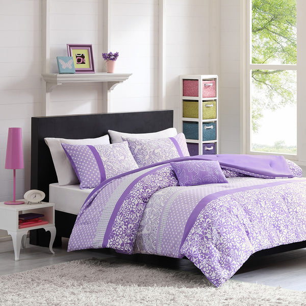 JLA Home Mi Zone - Comforter Riley multi-pattern stripe set in purple, grey & white with embroidered pillow, antimicrobial protection 90 L x 66 W x 1.5H MZ10-223