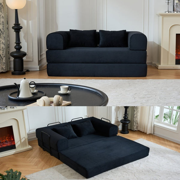 English Elm 59'' Corduroy Floor Sofa Convertible Sleeper with Bolster Pillow for Studio Living Black W3434P449858