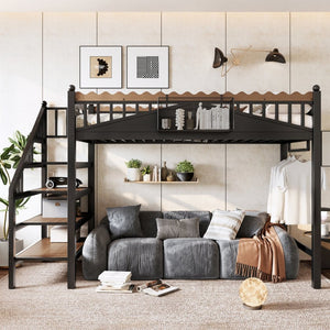 English Elm Twin Xl Metal Loft Bed with Stair Storage Shelves Sturdy Steel Frame for Dorms W1580S00377