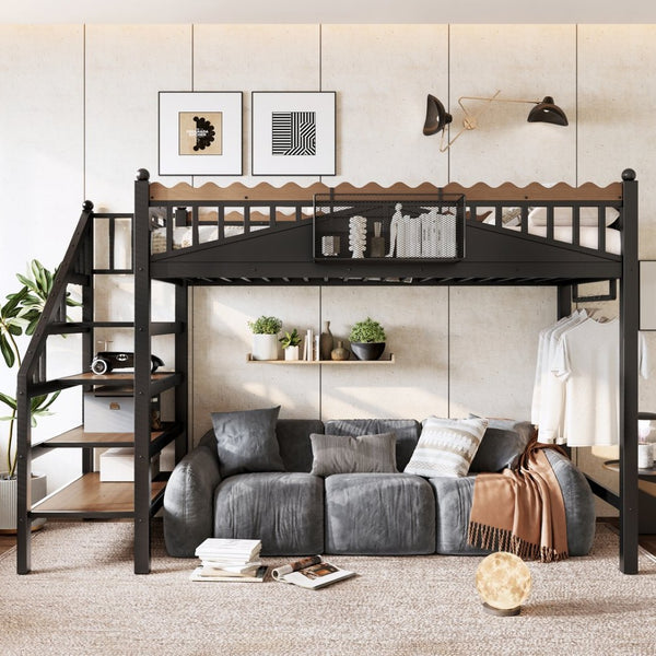 English Elm Twin Xl Metal Loft Bed with Stair Storage Shelves Sturdy Steel Frame for Dorms W1580S00377