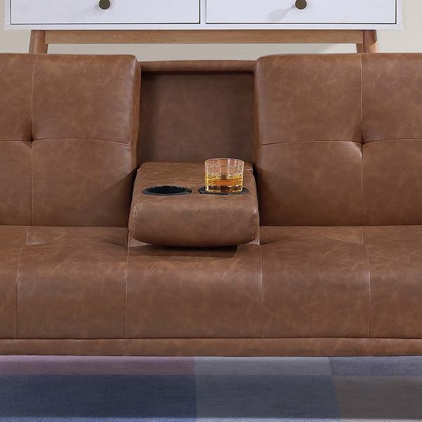 English Elm Living Convertible Faux Leather Sofa with Tufted Upholstery, Fold-Down Table and Cup Holders, Metal Legs Brown 39 L x 8 W x 67 H B011P381497