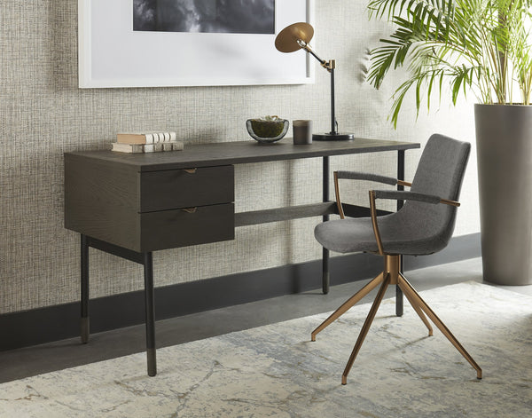 Sunpan Andres Swivel Dining Armchair – Elegant Industrial Design with Gold Legs for Stylish Dining Spaces Belfast Heather Grey