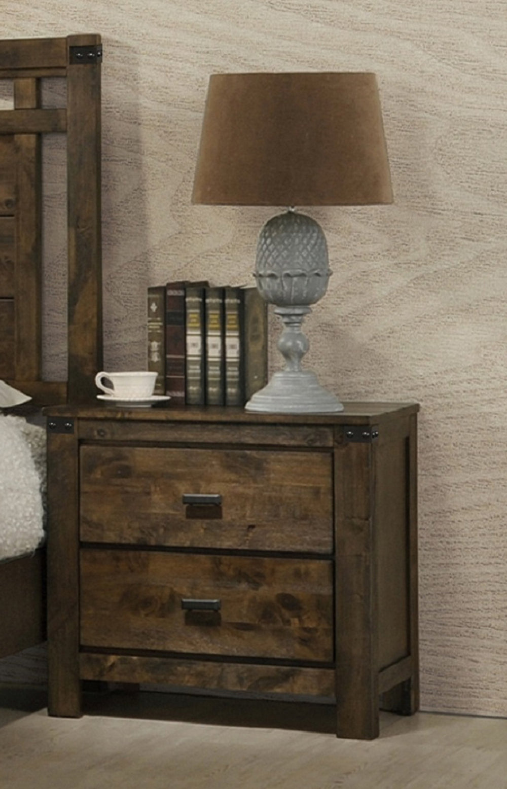 English Elm 1pc Rustic Brown Two Drawer Nightstand with Metal Handles, Solid Wood Vintage Style Bedroom End Table B011P234682