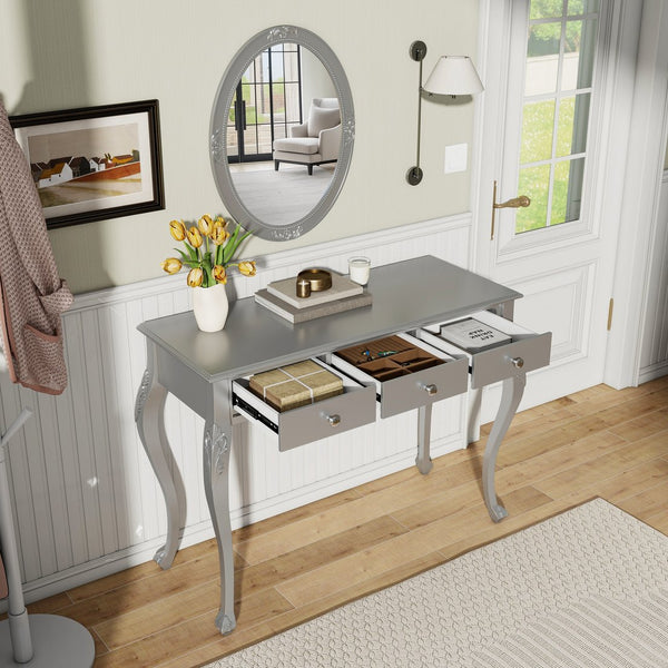 English Elm Luxury Makeup Vanity Desk with Oval Mirror and Engraved Floral Frame, Velvet Jewelry Tray, Durable Drawers and Elegant Console for Bedroom & Living Room Decor Silver N844P292481S