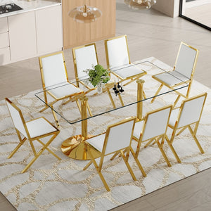 English Elm Table and 8 Chair Dining Set Tempered Glass Top with Gold Metal Framed Pu Seating Transparent,White+Gold W1151S04775