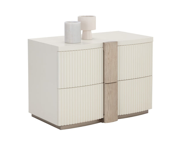Sunpan VENETTA Nightstand - Cream Base with Reeded Drawers & Light Oak Top for Timeless Bedroom Elegance 110664