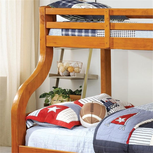 English Elm Oak Twin over Full Bunk Bed with Attached Ladder, Two Under-Bed Drawers, Modern Transitional Design Oak 25 L x 73 W x 11 H B2741S00378