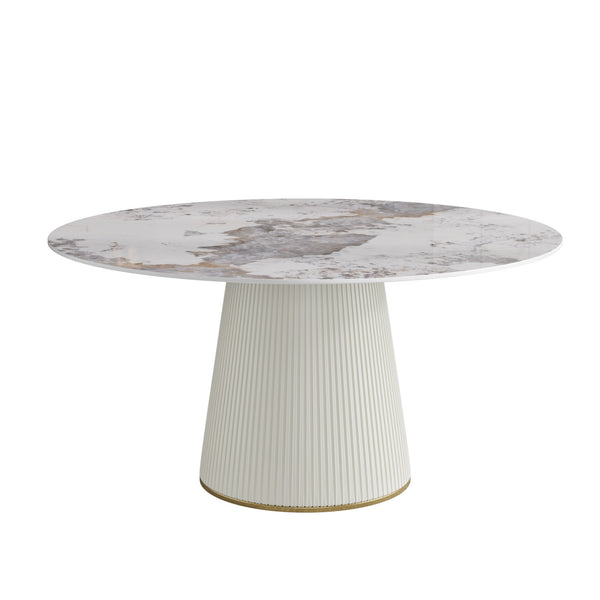 English Elm 59.05 "Elegant Round White Artificial Stone Dining Table For 8 - Modern Beige Plywood Base Design" W1535S00450