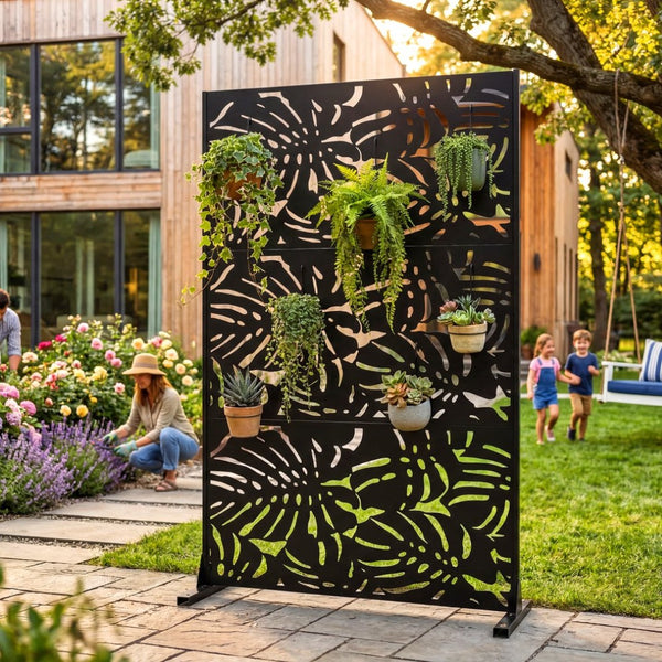 English Elm Metal Laser Cut Tropical Leaf Freestanding Privacy Screen for Patio Balcony Garden W5312P463063