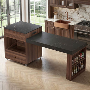 English Elm 78.8'' Fluted Rolling Kitchen Island with Extendable Dining Surface Built-in Power Mdf Walnut B2764S00002