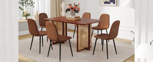 English Elm Table & Chair Set: Elegant Walnut Solid Wood Dining Table With 6 Ergonomic Brown Techno-Fabric Chairs W1151S04066-GIGA