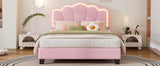 English Elm Full Size Upholstered Flower-Shape Bed, Elegant Flowers Headboard With Led Light Strip ,Sherpa Fabric Platform Bed With Wooden Slats Support, Pink