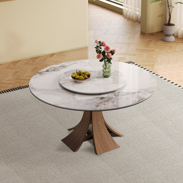 English Elm 59-Inch Modern Sintered Stone Dining Table With 35-Inch Turntable, Seats 6-8, Walnut Base Elegance! W509S00130