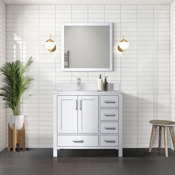 English Elm White 36 in. Bath Vanity with Left Offset White Quartz Top, Faucet Set, Soft-Close Drawers & Storage B2731P259019