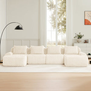 English Elm 146" U-shaped Modular Sectional Flannelette Sofa with Ottoman for Spacious Living Rooms Cream W714S01523