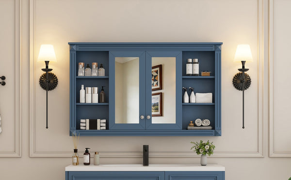 English Elm 47 Inch Wall Mounted Medicine Cabinet with Mirror Open Shelving and Adjustable Storage N710P363550C