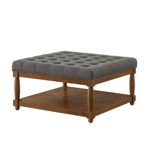 English Elm Large Tufted Linen Square Ottoman with Solid Wood Shelf for Living Room Use Granite W2186P379326