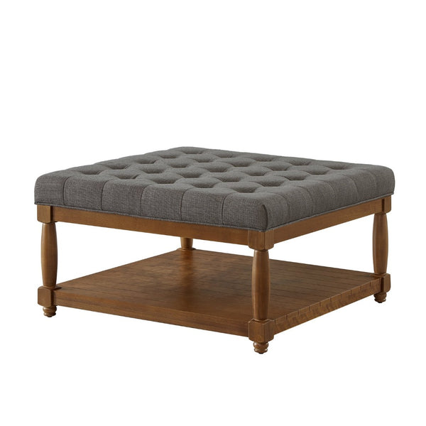 English Elm Large Tufted Linen Square Ottoman with Solid Wood Shelf for Living Room Use Granite W2186P379326