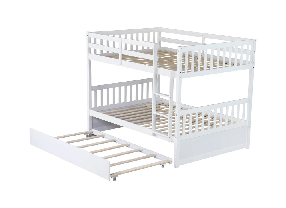 English Elm Full Over Full Bunk Bed With Twin Trundle, Ladder & Guardrails - Convertible, Durable Rubberwood Design W504S00212