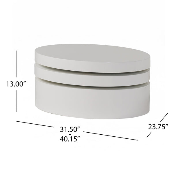 English Elm Christopher Knight Home® - MODERNESQUE Oval Rotating Coffee Table with 3-Tier Swivel Surfaces, Plywood Build, Sleek Modern Functionality Gloss White N758P245072W